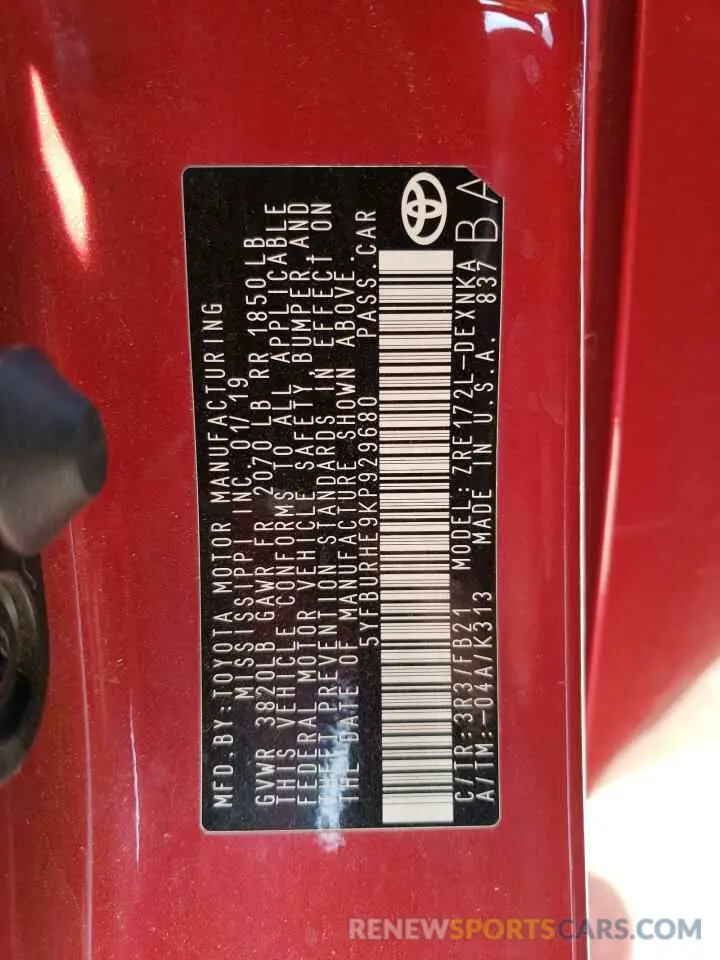 14 fotografías del automóvil dañado 5YFBURHE9KP929680 TOYOTA COROLLA 2019