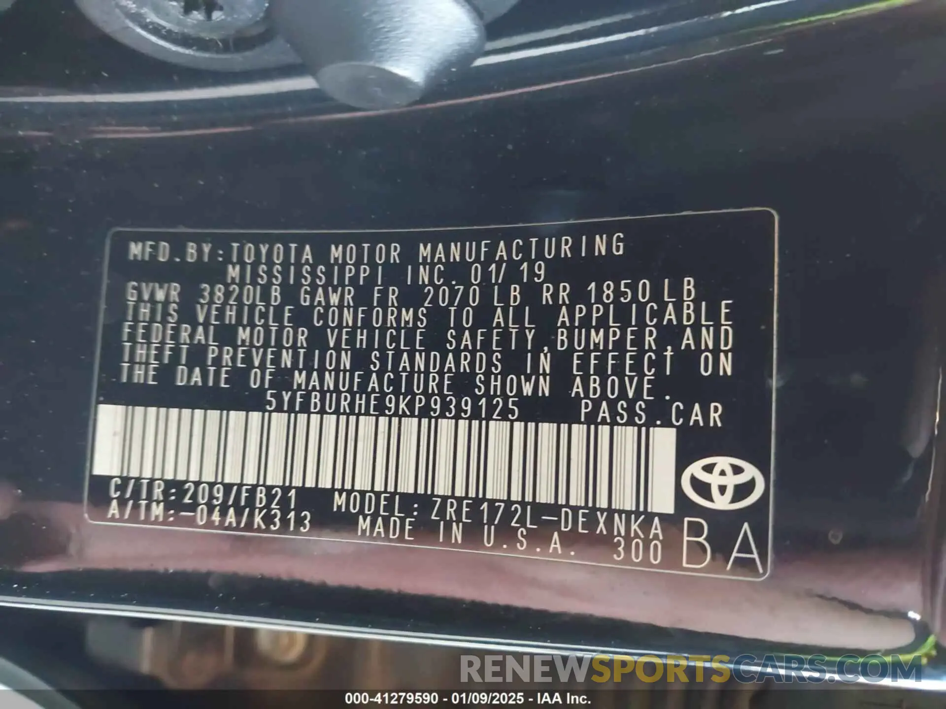 9 fotografías del automóvil dañado 5YFBURHE9KP939125 TOYOTA COROLLA 2019