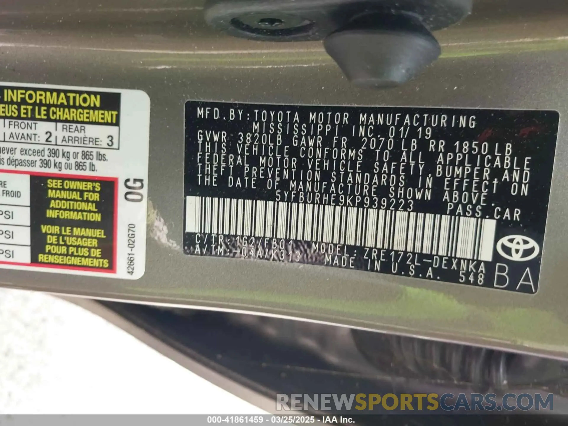 9 fotografías del automóvil dañado 5YFBURHE9KP939223 TOYOTA COROLLA 2019