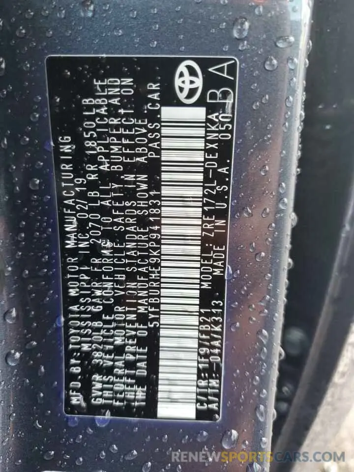 10 fotografías del automóvil dañado 5YFBURHE9KP941831 TOYOTA COROLLA 2019
