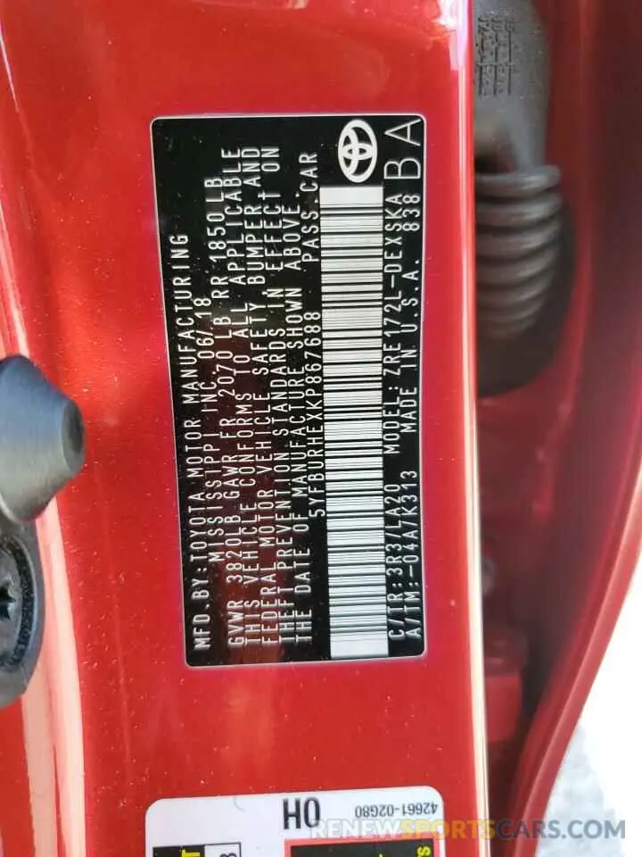 12 fotografías del automóvil dañado 5YFBURHEXKP867688 TOYOTA COROLLA 2019