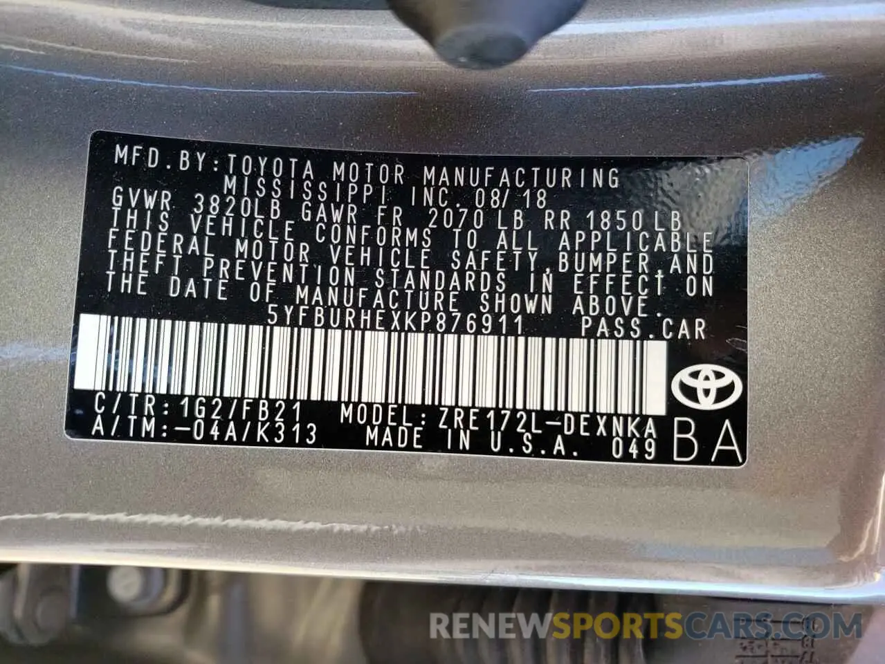 10 fotografías del automóvil dañado 5YFBURHEXKP876911 TOYOTA COROLLA 2019