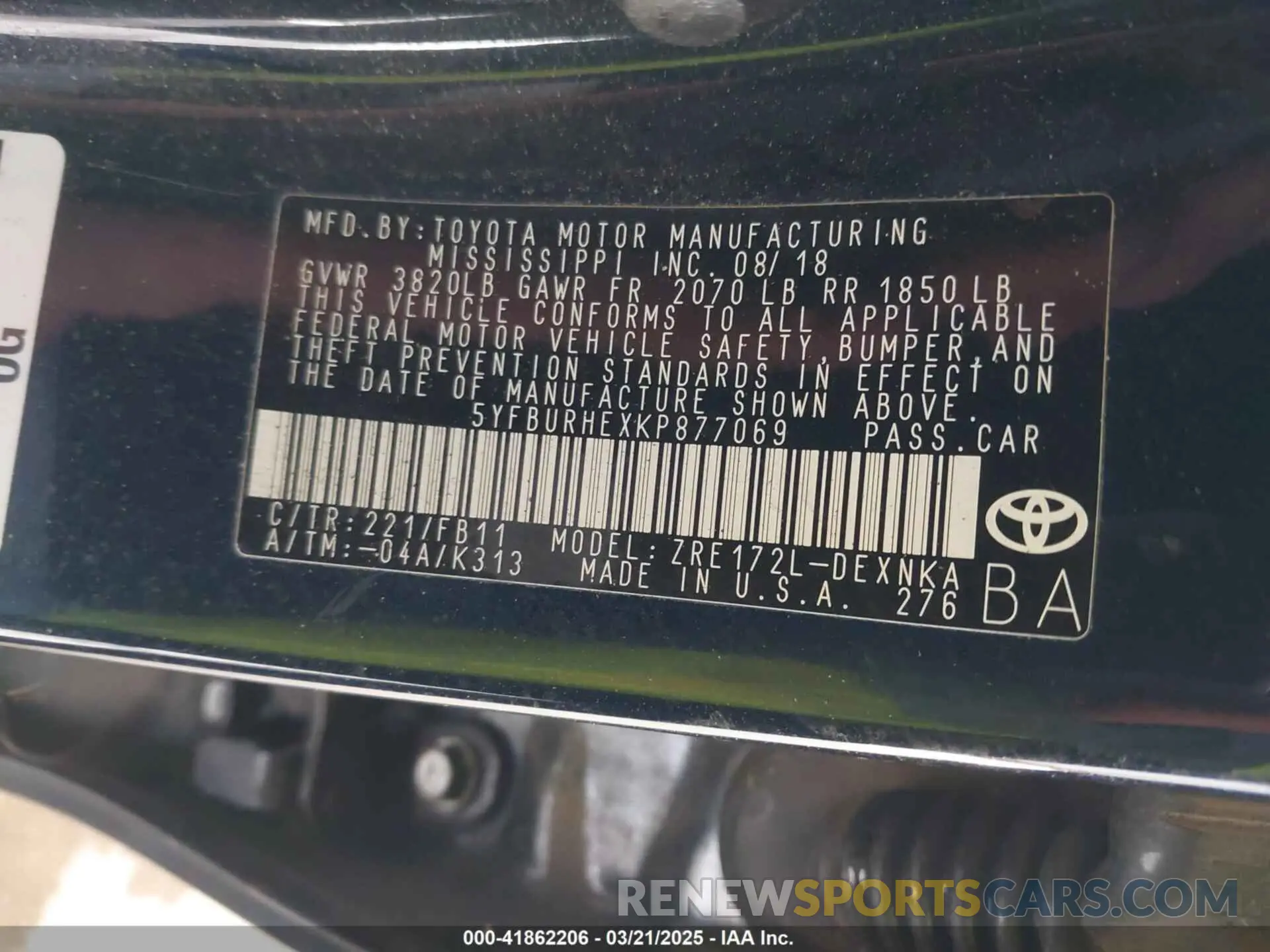 9 fotografías del automóvil dañado 5YFBURHEXKP877069 TOYOTA COROLLA 2019
