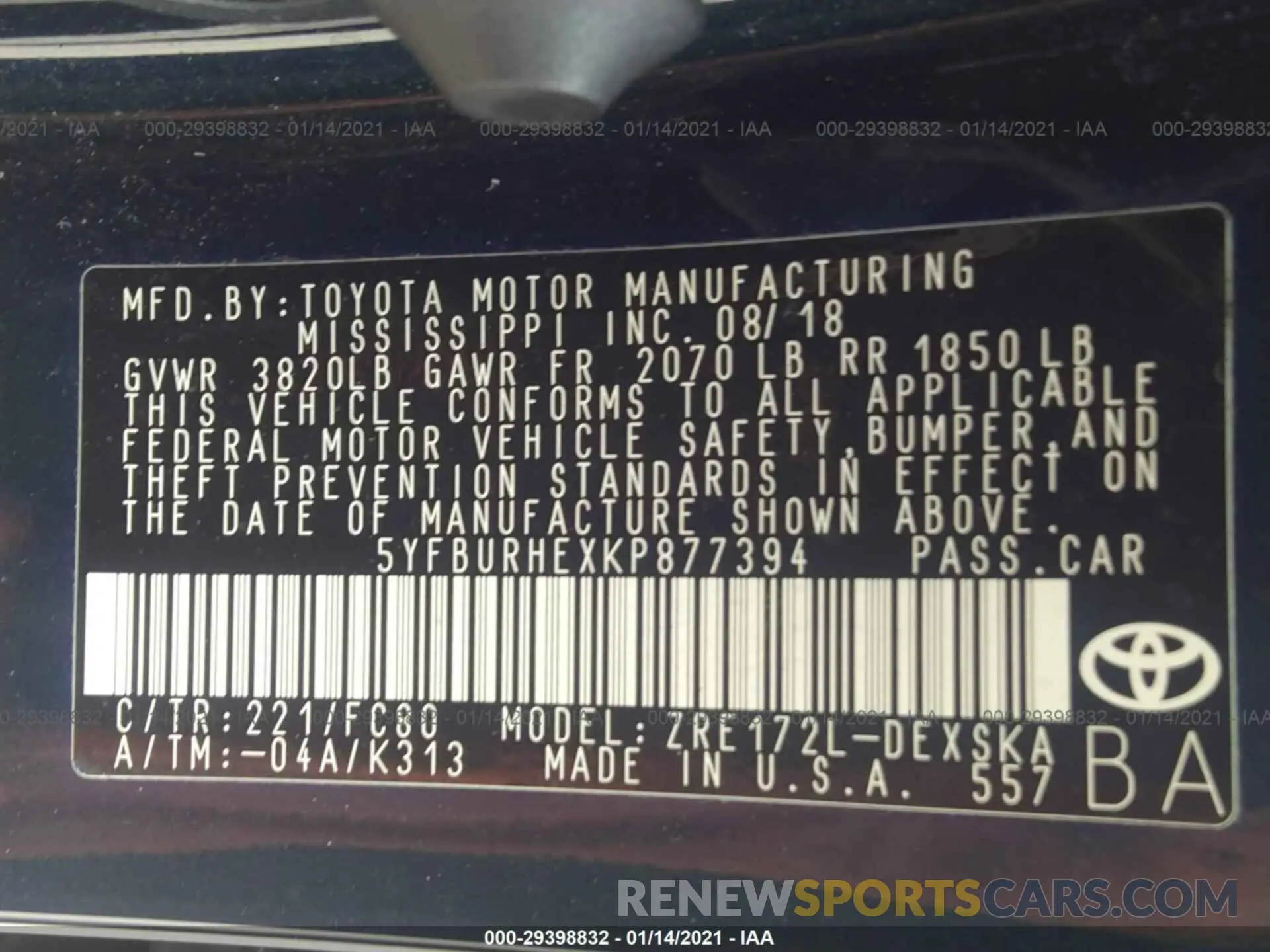 9 fotografías del automóvil dañado 5YFBURHEXKP877394 TOYOTA COROLLA 2019