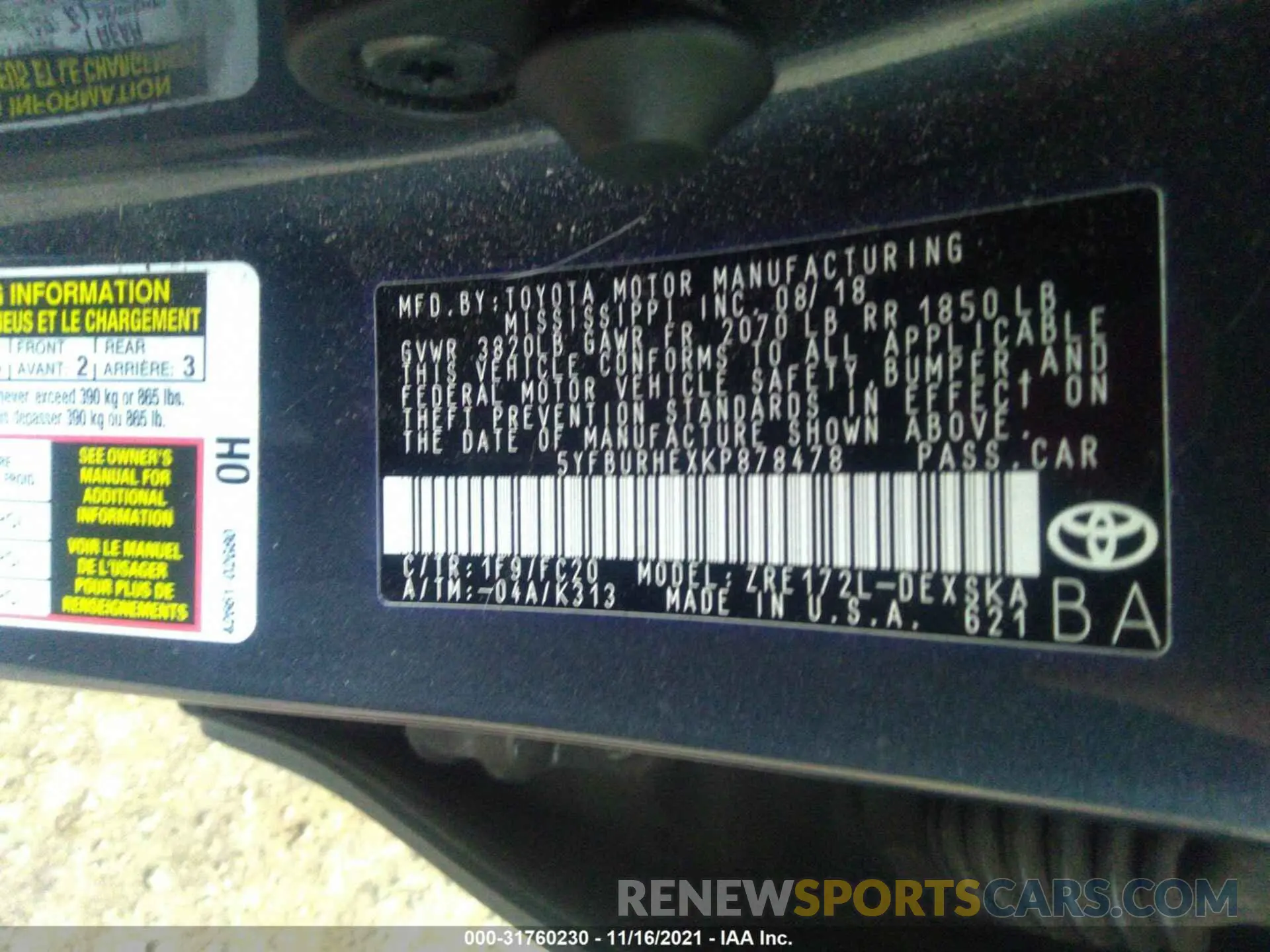 9 fotografías del automóvil dañado 5YFBURHEXKP878478 TOYOTA COROLLA 2019