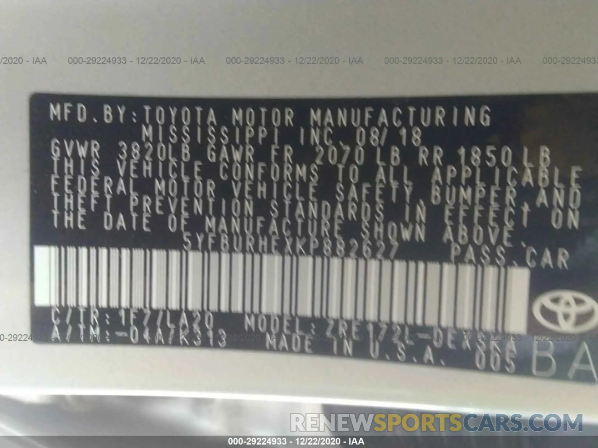 9 fotografías del automóvil dañado 5YFBURHEXKP882627 TOYOTA COROLLA 2019