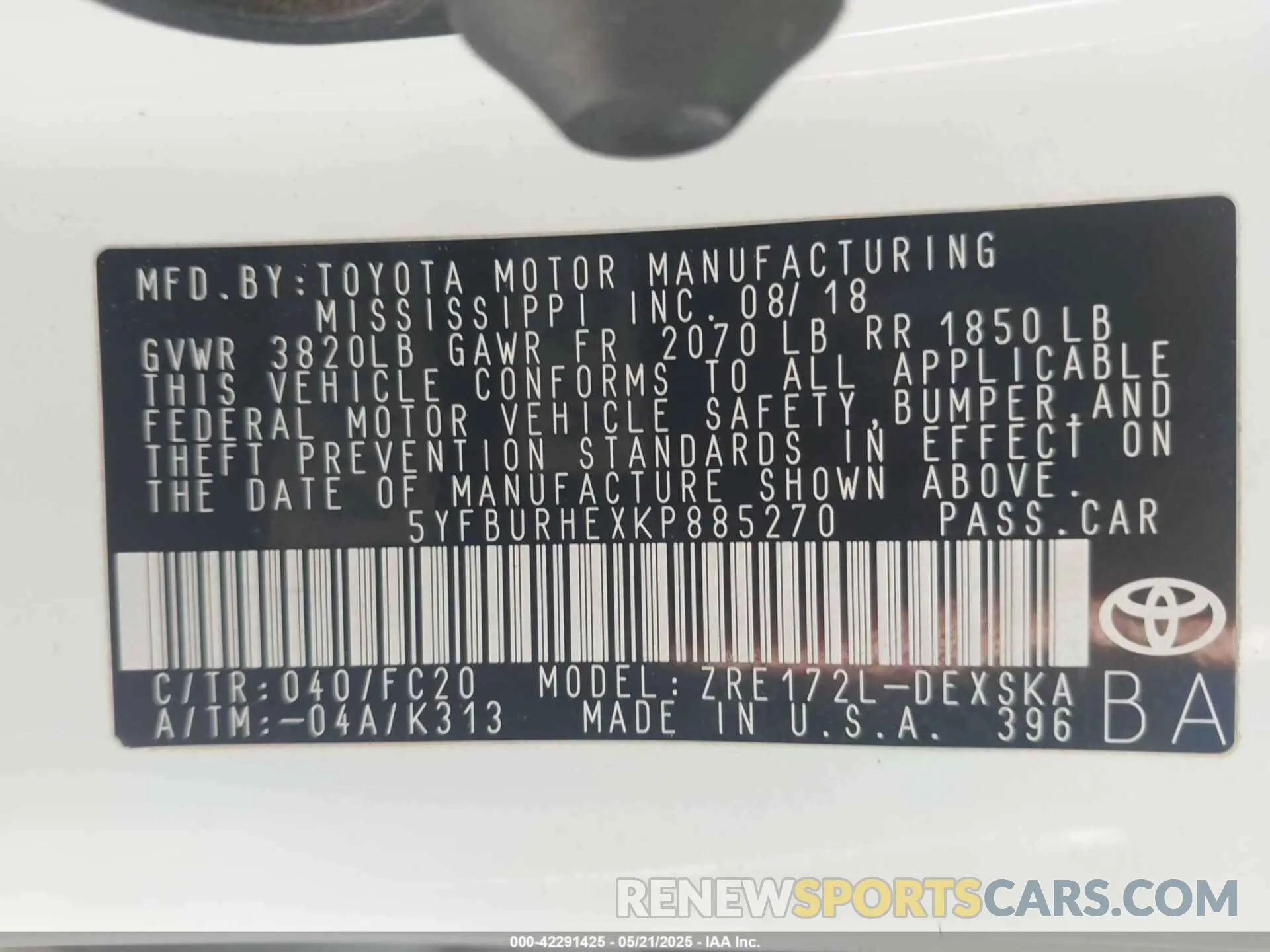 9 fotografías del automóvil dañado 5YFBURHEXKP885270 TOYOTA COROLLA 2019