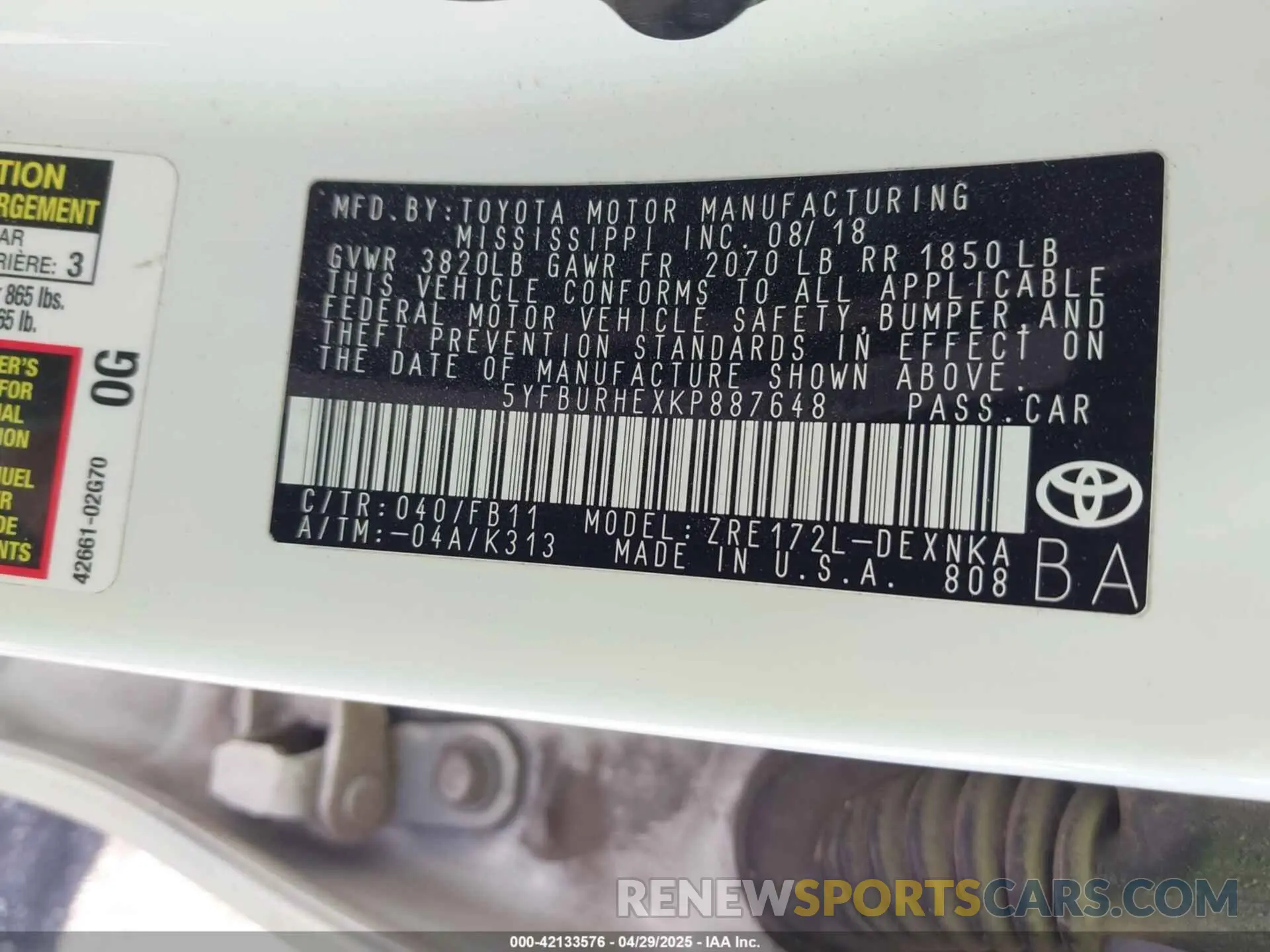 9 fotografías del automóvil dañado 5YFBURHEXKP887648 TOYOTA COROLLA 2019