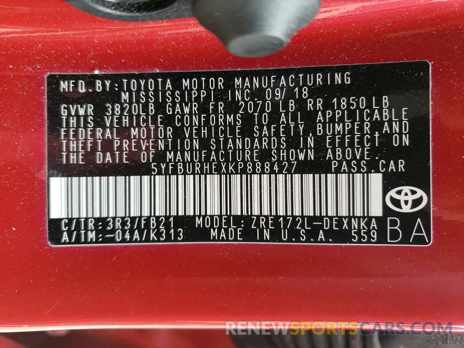 10 fotografías del automóvil dañado 5YFBURHEXKP888427 TOYOTA COROLLA 2019