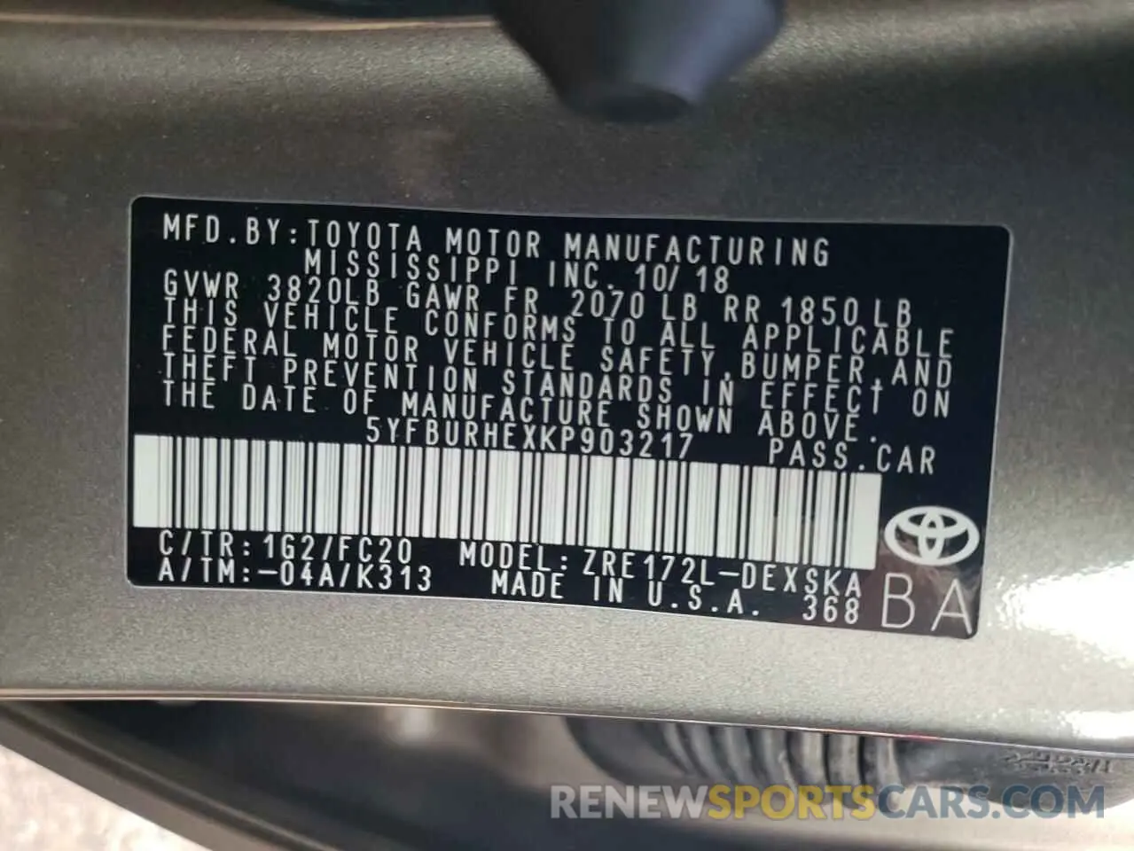12 fotografías del automóvil dañado 5YFBURHEXKP903217 TOYOTA COROLLA 2019