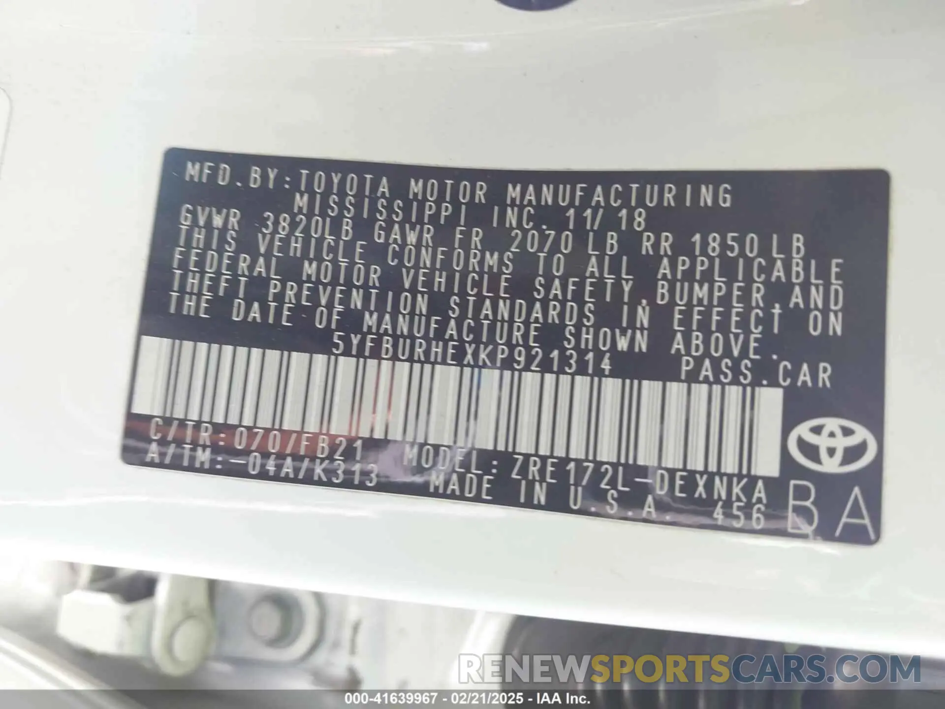 9 fotografías del automóvil dañado 5YFBURHEXKP921314 TOYOTA COROLLA 2019
