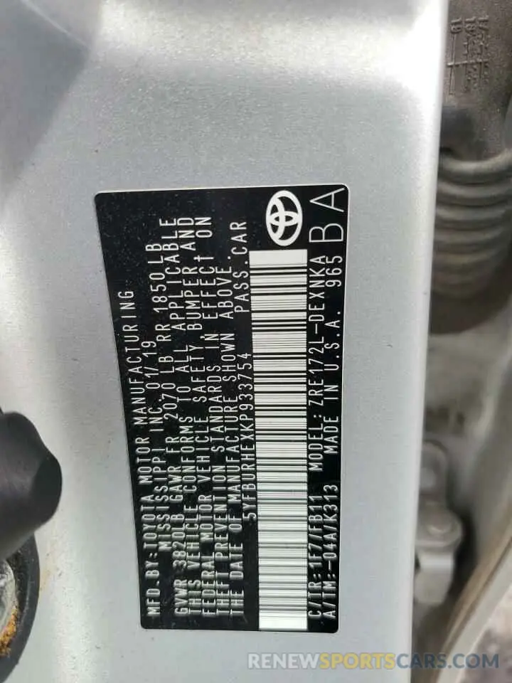 12 fotografías del automóvil dañado 5YFBURHEXKP933754 TOYOTA COROLLA 2019