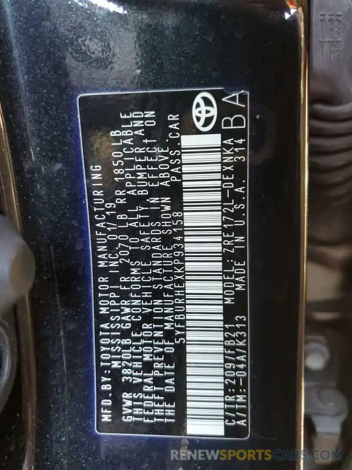 12 fotografías del automóvil dañado 5YFBURHEXKP934158 TOYOTA COROLLA 2019