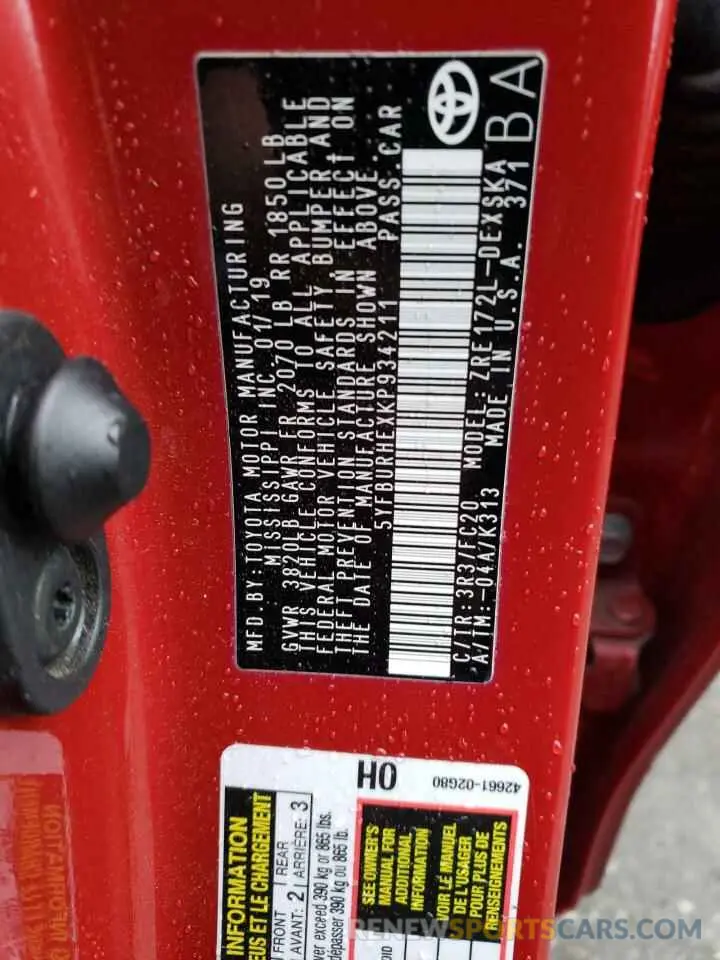 13 fotografías del automóvil dañado 5YFBURHEXKP934211 TOYOTA COROLLA 2019