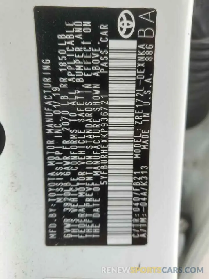 12 fotografías del automóvil dañado 5YFBURHEXKP936721 TOYOTA COROLLA 2019