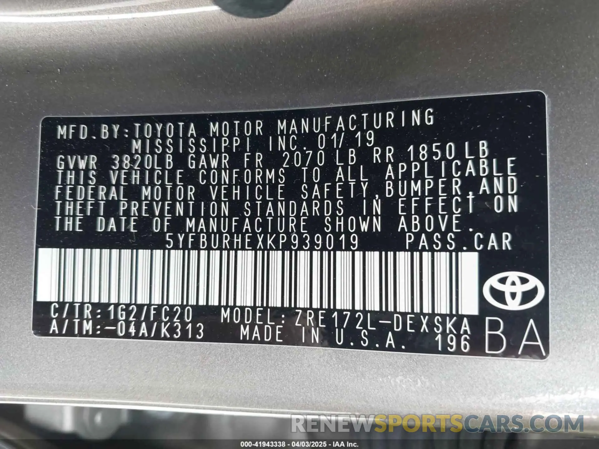 9 fotografías del automóvil dañado 5YFBURHEXKP939019 TOYOTA COROLLA 2019