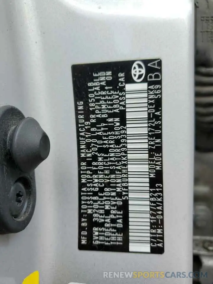 12 fotografías del automóvil dañado 5YFBURHEXKP939392 TOYOTA COROLLA 2019