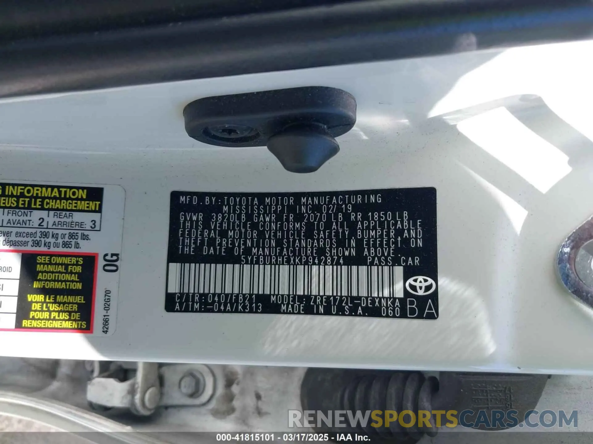 9 fotografías del automóvil dañado 5YFBURHEXKP942874 TOYOTA COROLLA 2019