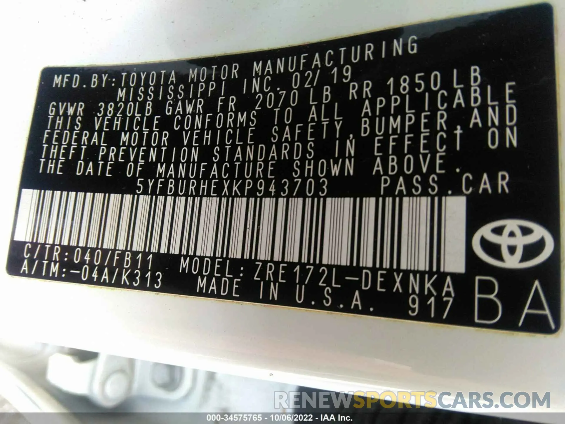 9 fotografías del automóvil dañado 5YFBURHEXKP943703 TOYOTA COROLLA 2019