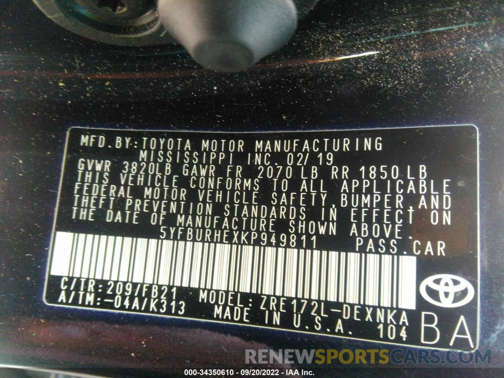 9 fotografías del automóvil dañado 5YFBURHEXKP949811 TOYOTA COROLLA 2019