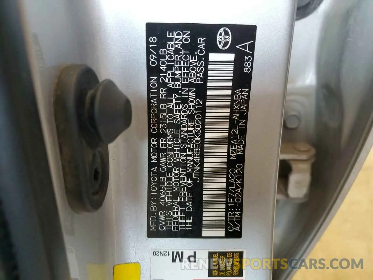 12 fotografías del automóvil dañado JTNK4RBE0K3020112 TOYOTA COROLLA 2019
