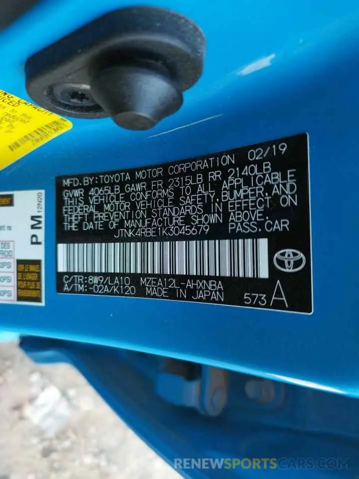 10 fotografías del automóvil dañado JTNK4RBE1K3045679 TOYOTA COROLLA 2019