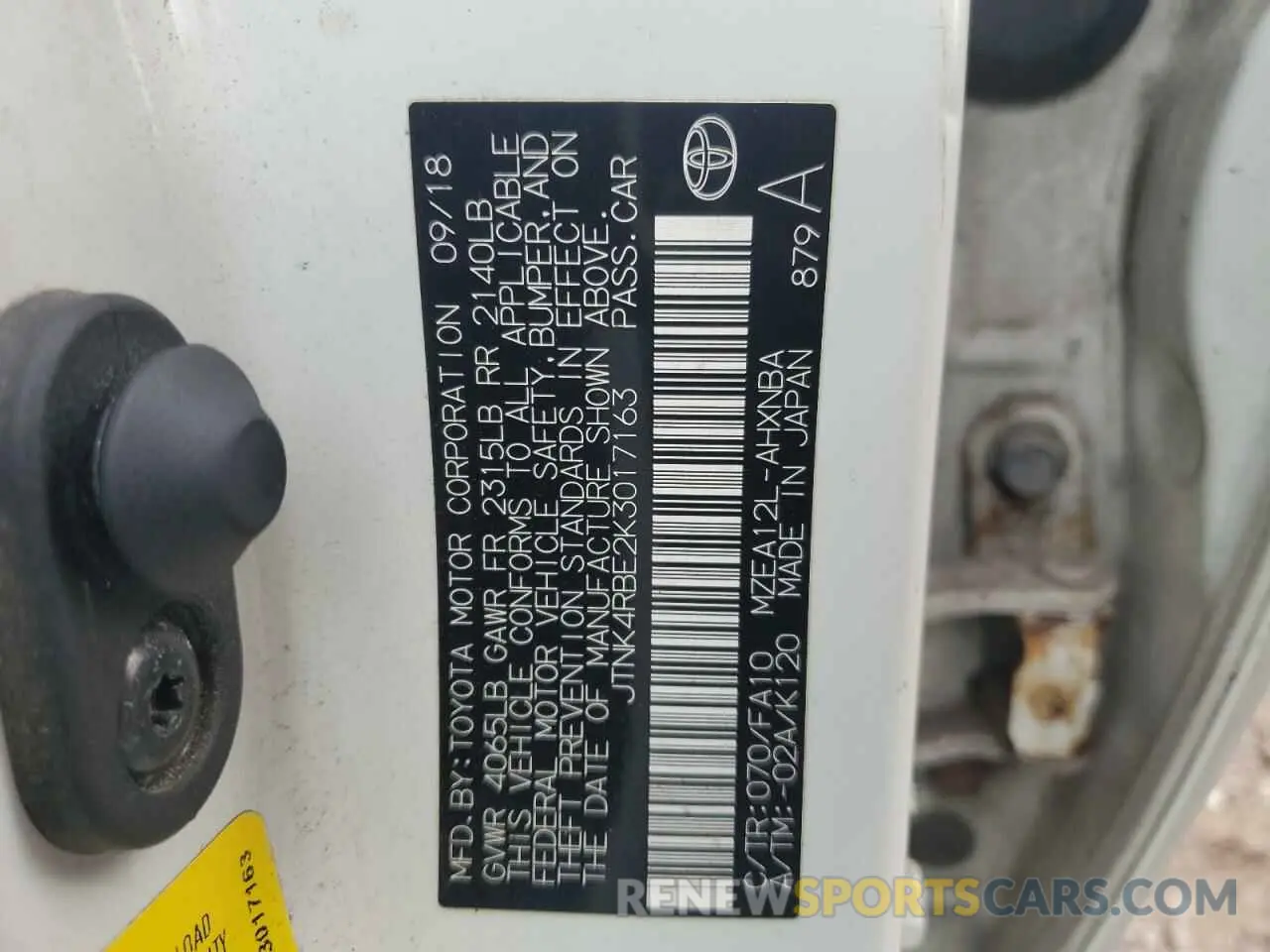 13 fotografías del automóvil dañado JTNK4RBE2K3017163 TOYOTA COROLLA 2019