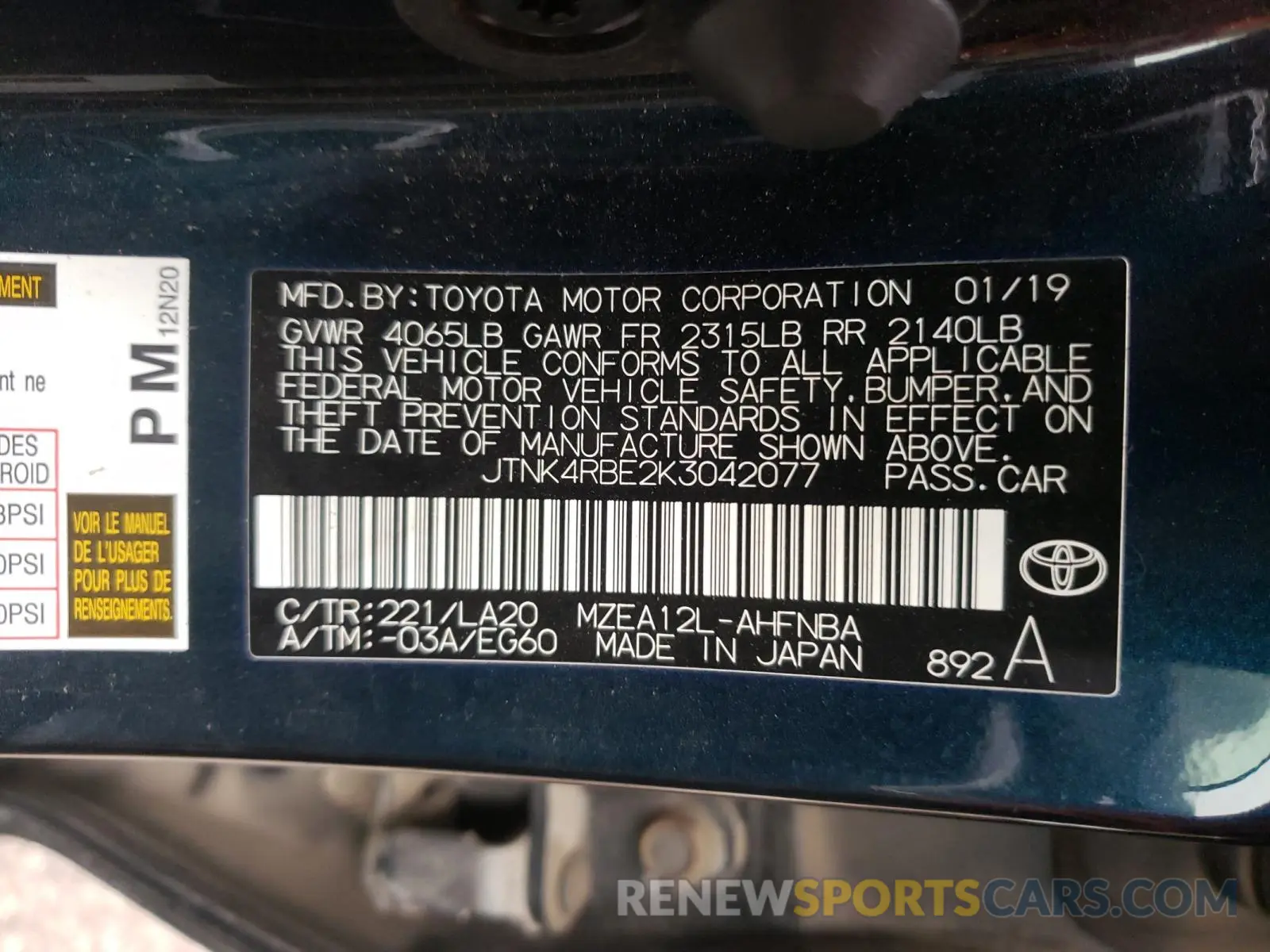 10 fotografías del automóvil dañado JTNK4RBE2K3042077 TOYOTA COROLLA 2019