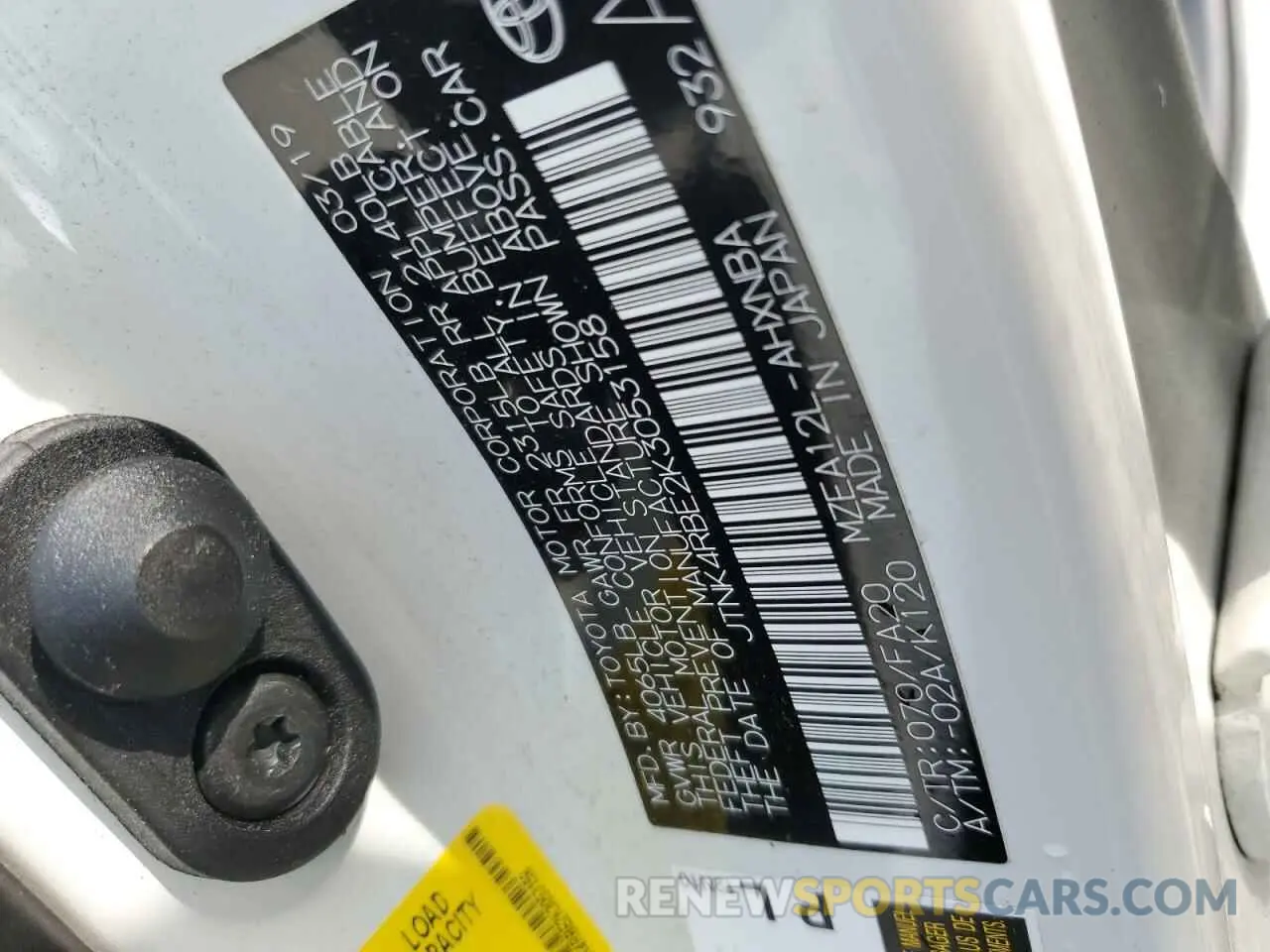 12 fotografías del automóvil dañado JTNK4RBE2K3053158 TOYOTA COROLLA 2019