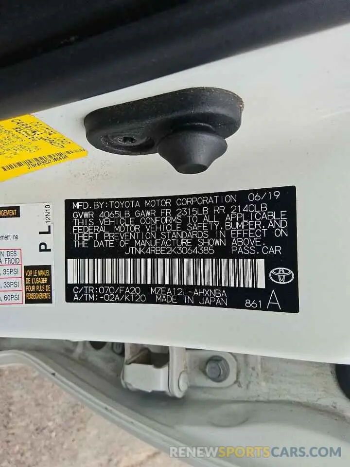 12 fotografías del automóvil dañado JTNK4RBE2K3064385 TOYOTA COROLLA 2019