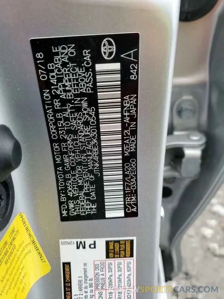 12 fotografías del automóvil dañado JTNK4RBE3K3010545 TOYOTA COROLLA 2019