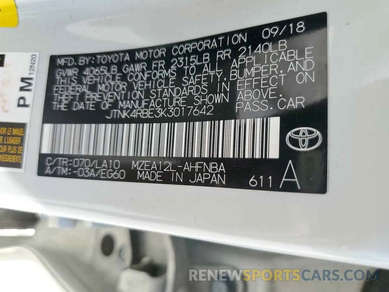 15 fotografías del automóvil dañado JTNK4RBE3K3017642 TOYOTA COROLLA 2019