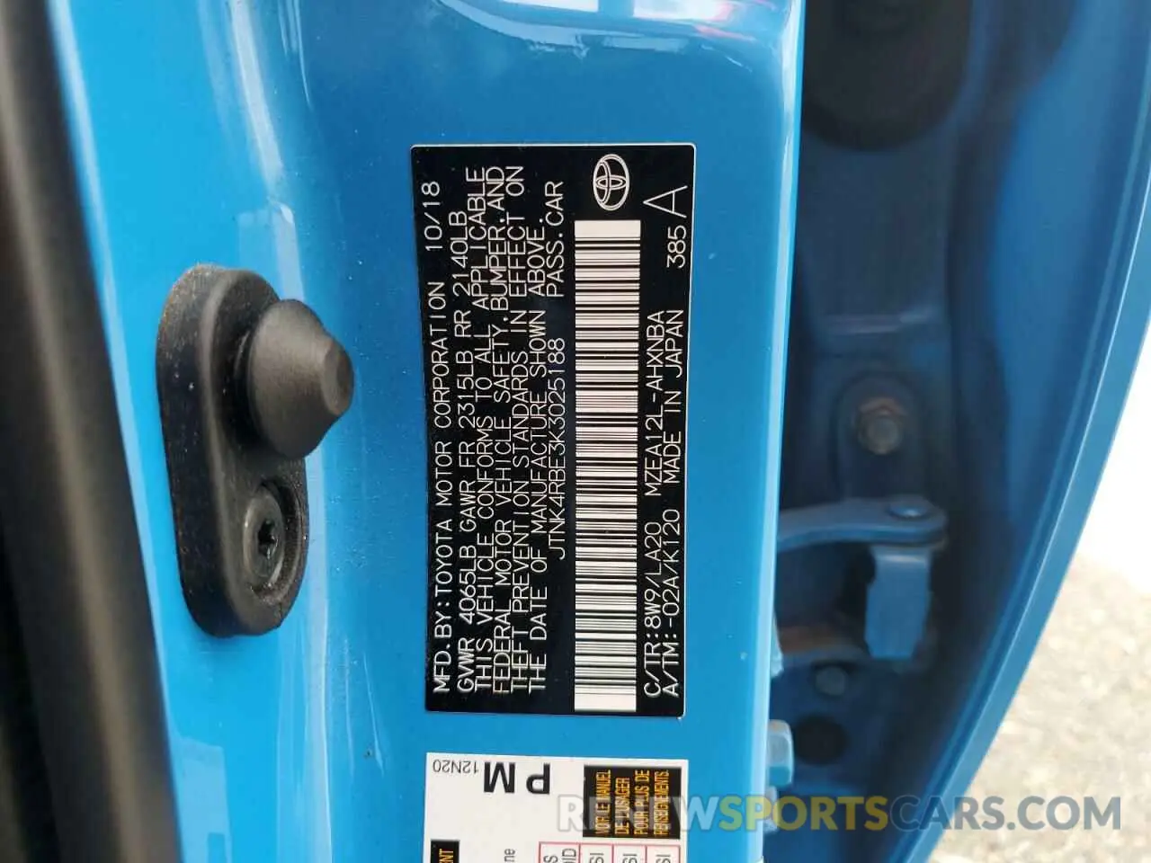 13 fotografías del automóvil dañado JTNK4RBE3K3025188 TOYOTA COROLLA 2019