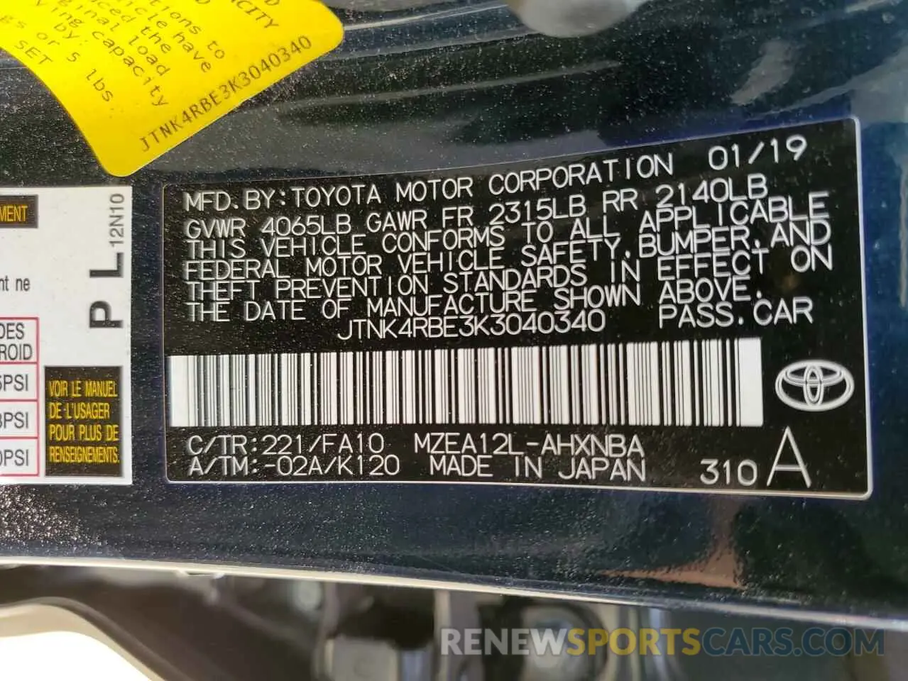 10 fotografías del automóvil dañado JTNK4RBE3K3040340 TOYOTA COROLLA 2019