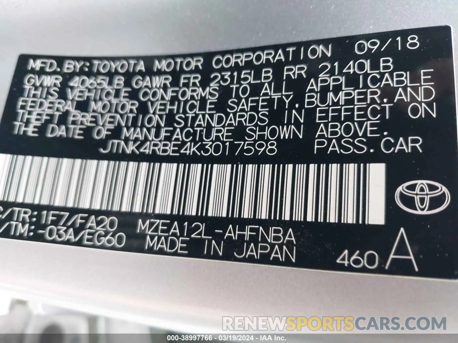 9 fotografías del automóvil dañado JTNK4RBE4K3017598 TOYOTA COROLLA 2019
