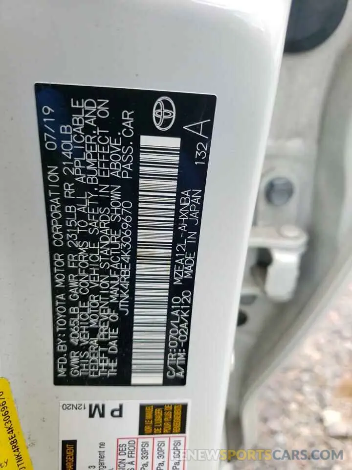 10 fotografías del automóvil dañado JTNK4RBE4K3069670 TOYOTA COROLLA 2019