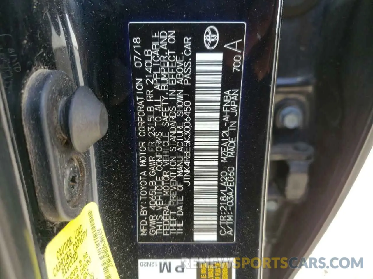 12 fotografías del automóvil dañado JTNK4RBE5K3006450 TOYOTA COROLLA 2019