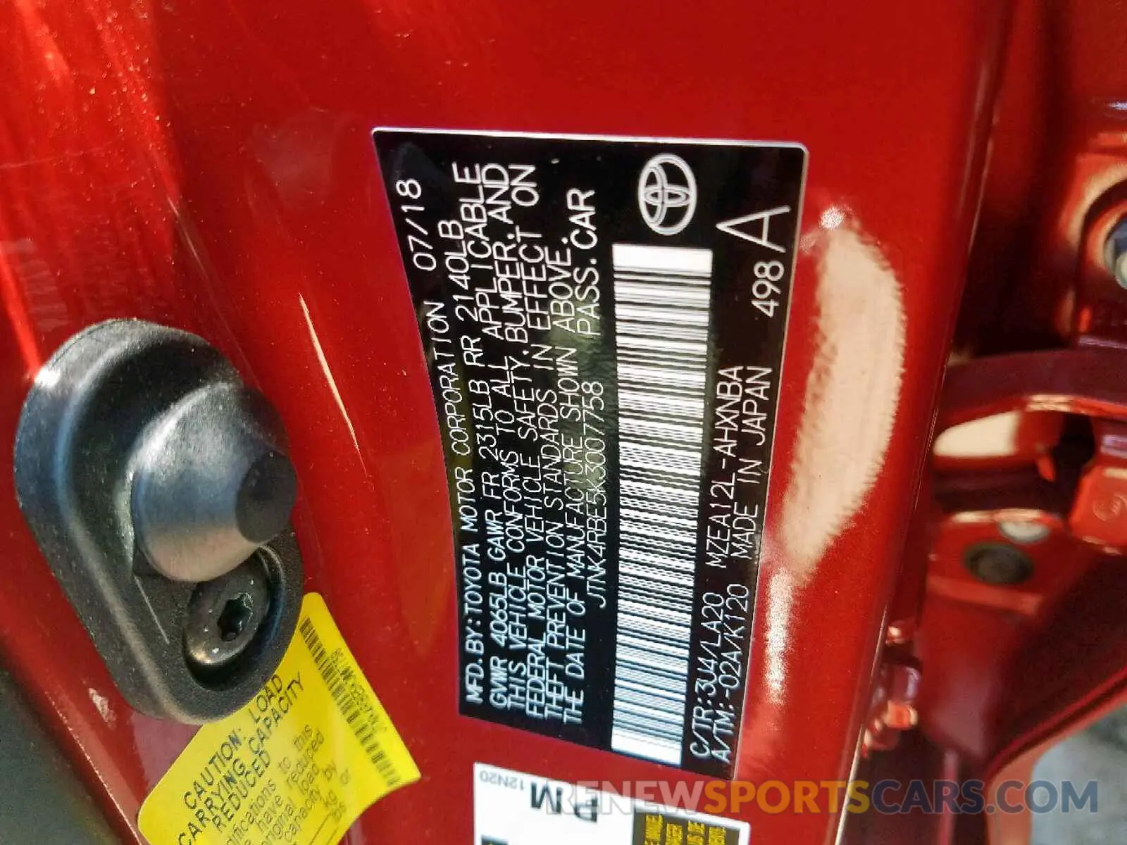 10 fotografías del automóvil dañado JTNK4RBE5K3007758 TOYOTA COROLLA 2019
