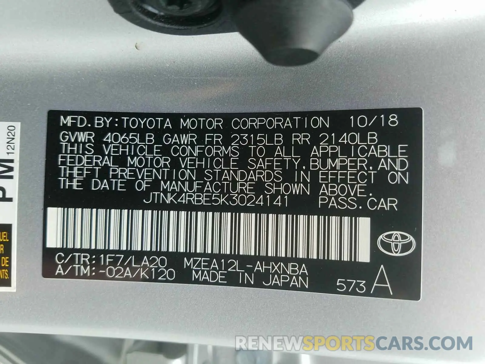 10 fotografías del automóvil dañado JTNK4RBE5K3024141 TOYOTA COROLLA 2019