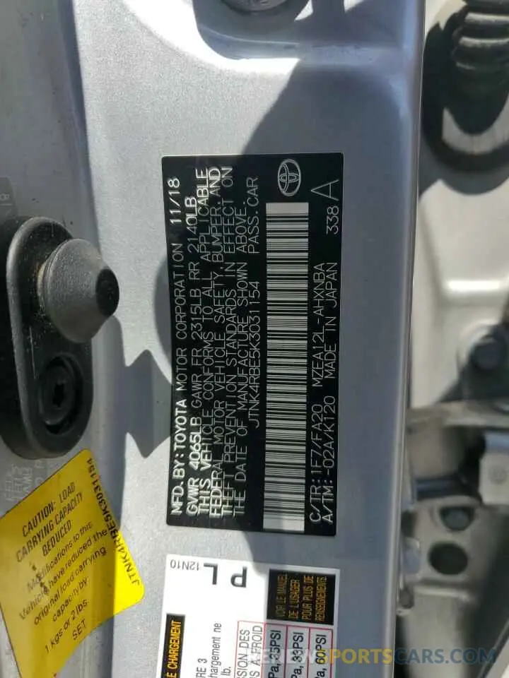 12 fotografías del automóvil dañado JTNK4RBE5K3031154 TOYOTA COROLLA 2019
