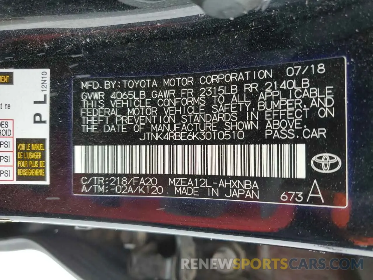 12 fotografías del automóvil dañado JTNK4RBE6K3010510 TOYOTA COROLLA 2019