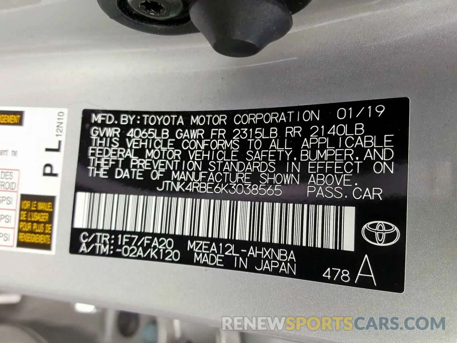 10 fotografías del automóvil dañado JTNK4RBE6K3038565 TOYOTA COROLLA 2019
