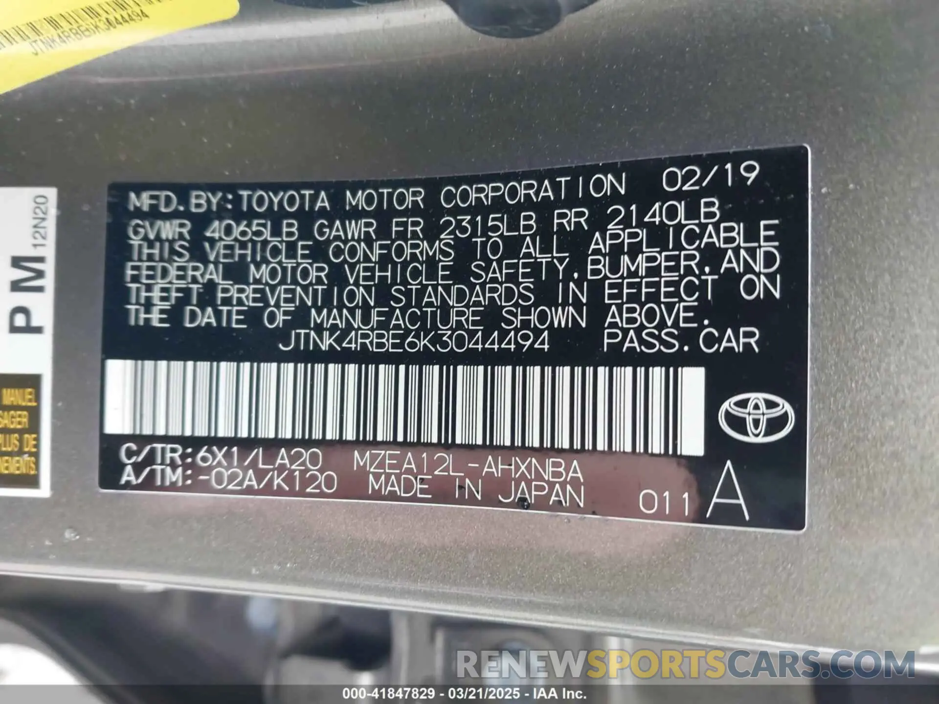 9 fotografías del automóvil dañado JTNK4RBE6K3044494 TOYOTA COROLLA 2019