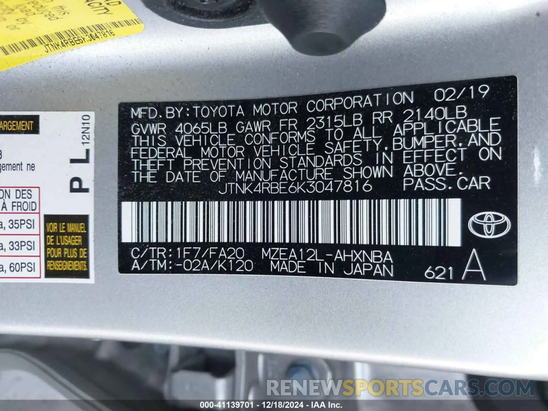 9 fotografías del automóvil dañado JTNK4RBE6K3047816 TOYOTA COROLLA 2019