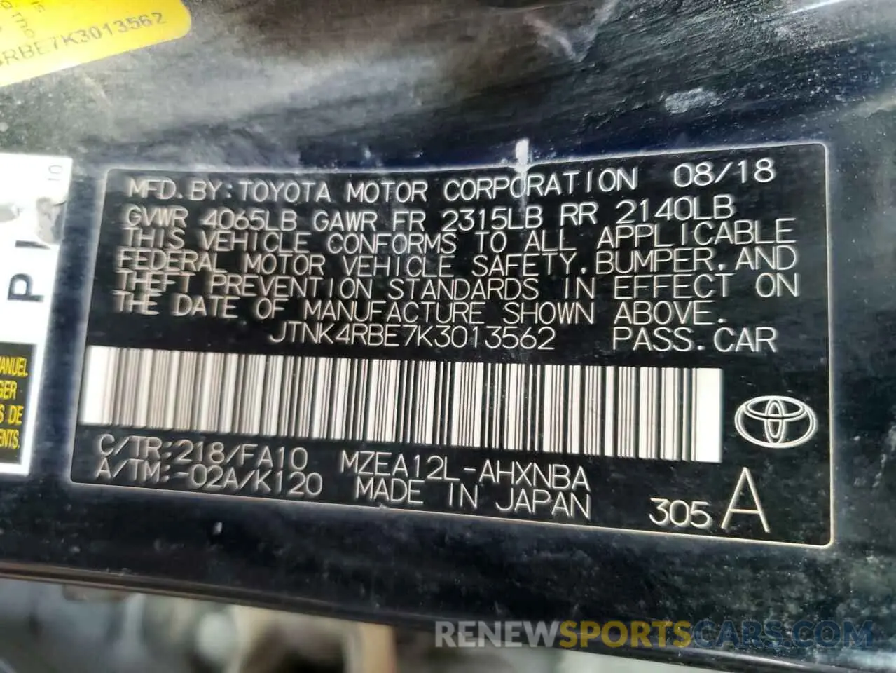 13 fotografías del automóvil dañado JTNK4RBE7K3013562 TOYOTA COROLLA 2019
