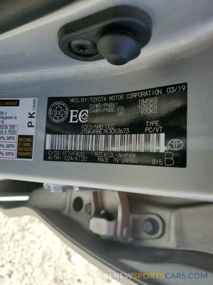 12 fotografías del automóvil dañado JTNK4RBE7K3053673 TOYOTA COROLLA 2019