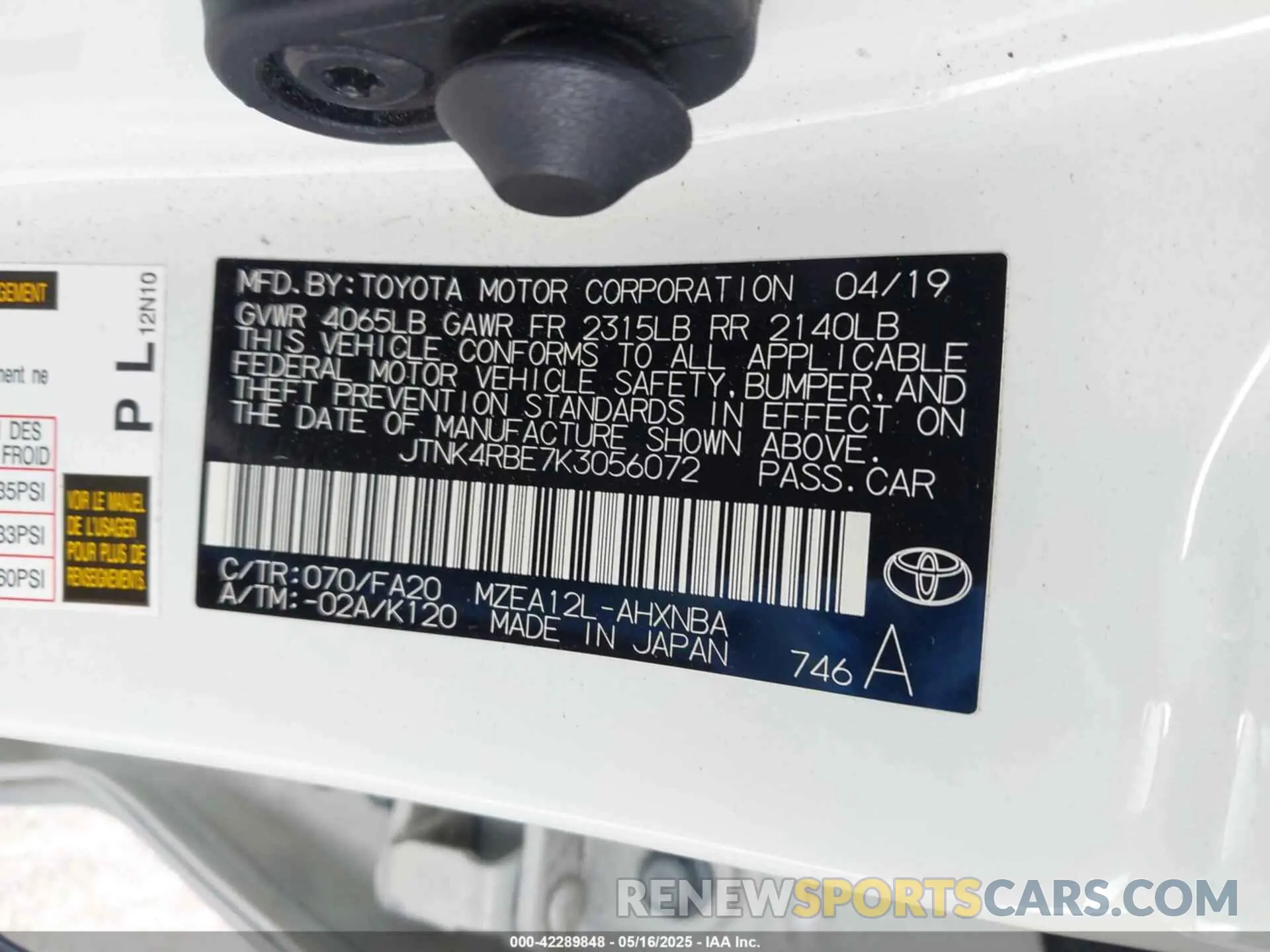 9 fotografías del automóvil dañado JTNK4RBE7K3056072 TOYOTA COROLLA 2019