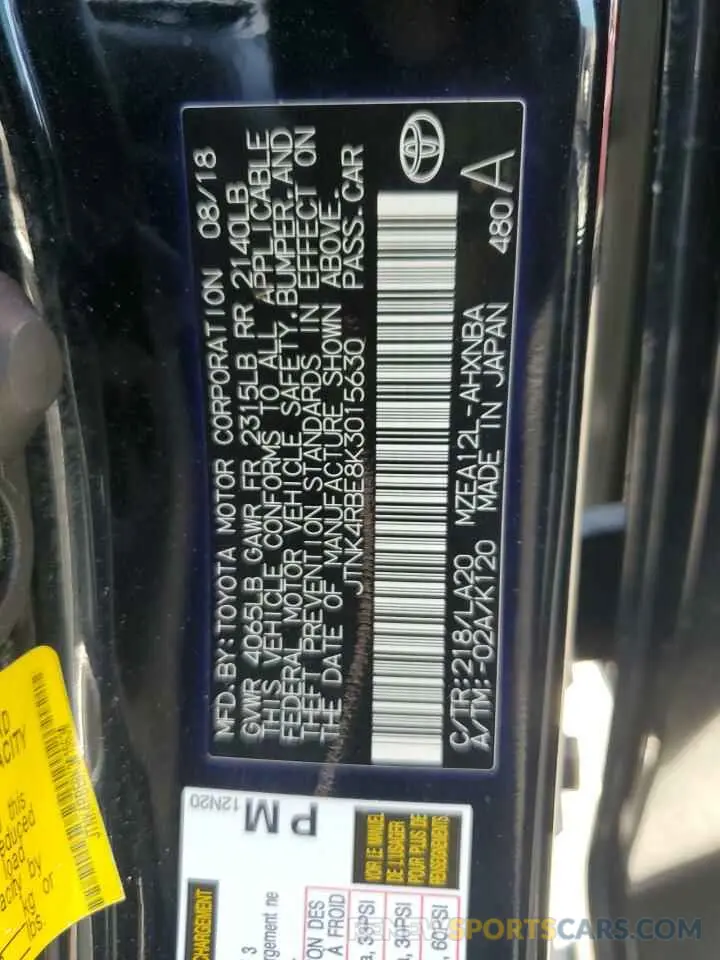 12 fotografías del automóvil dañado JTNK4RBE8K3015630 TOYOTA COROLLA 2019