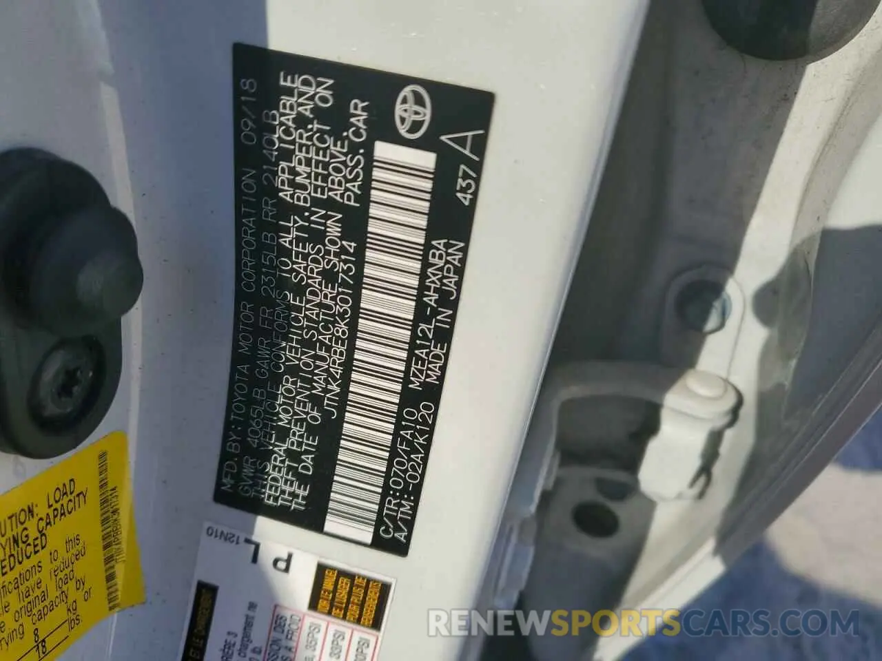 12 fotografías del automóvil dañado JTNK4RBE8K3017314 TOYOTA COROLLA 2019