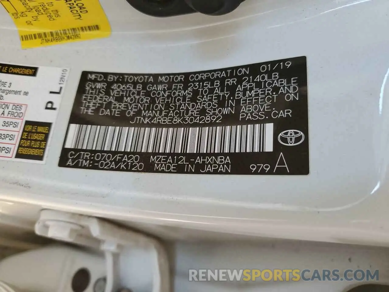 12 fotografías del automóvil dañado JTNK4RBE8K3042892 TOYOTA COROLLA 2019